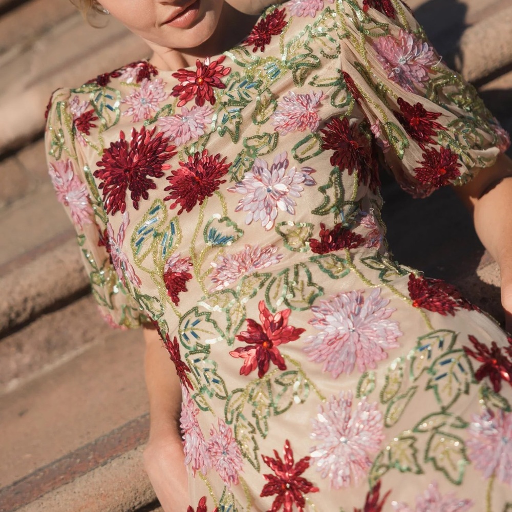 Mac Duggal Tan and Red Puff Sleeve Maxi Dress - Picture 5 of 8